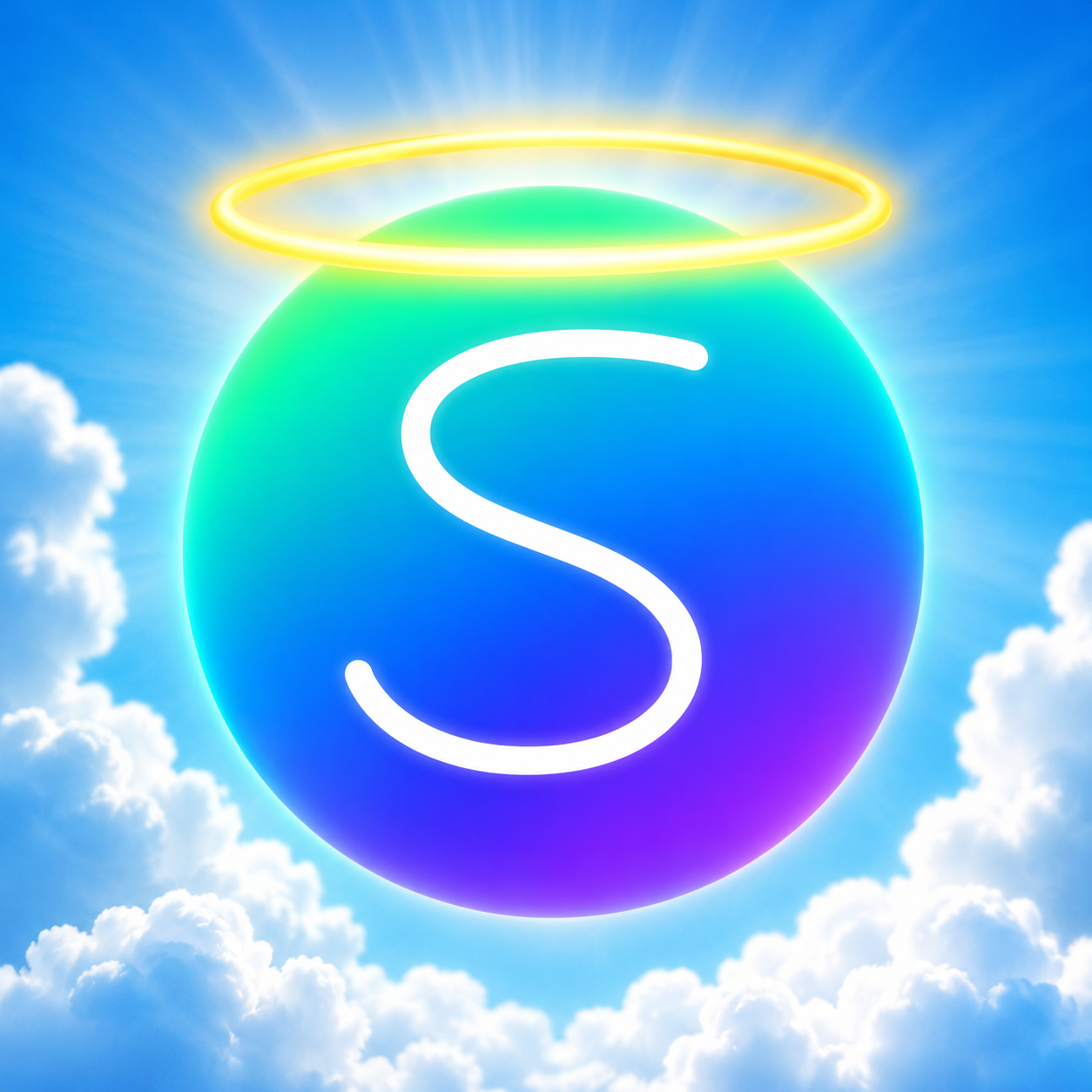 The glowing Solana-colored SOLISM orb with a golden halo floating in heaven